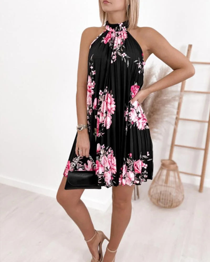 One Button Sleeveless Printed Pleated Dress