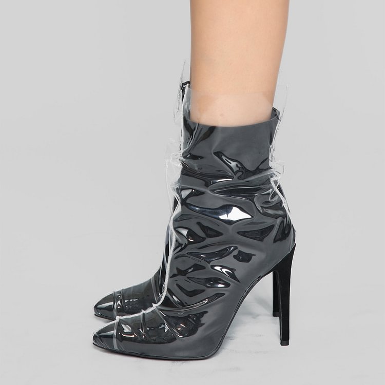 Clear PVC Wrapped Black Pointy Toe Stiletto Boots |FSJ Shoes