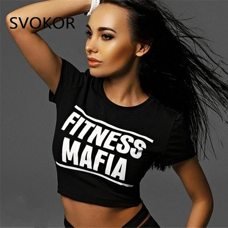 SVOKOR Sport T Shirts Women Fitness Sexy Crop Top Running Gym Workout Tops Letter Printing Aesthetic Femme Summer Clothes
