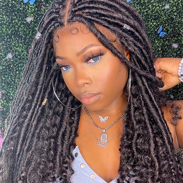 WEQUEEN Boho Faux Locs Goddess with Curls 4x4 Braided Lace Closure Wigs