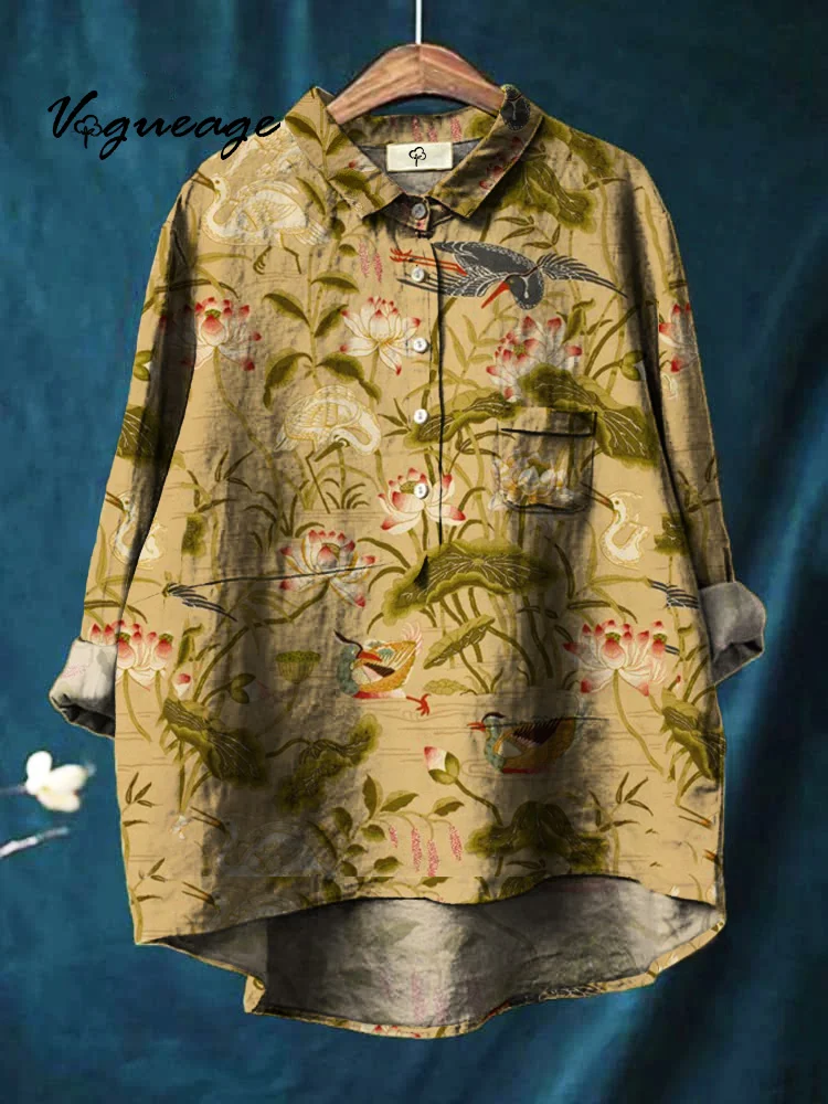 Colorful Watercolor Lotus  Print Cotton And Linen Shirt