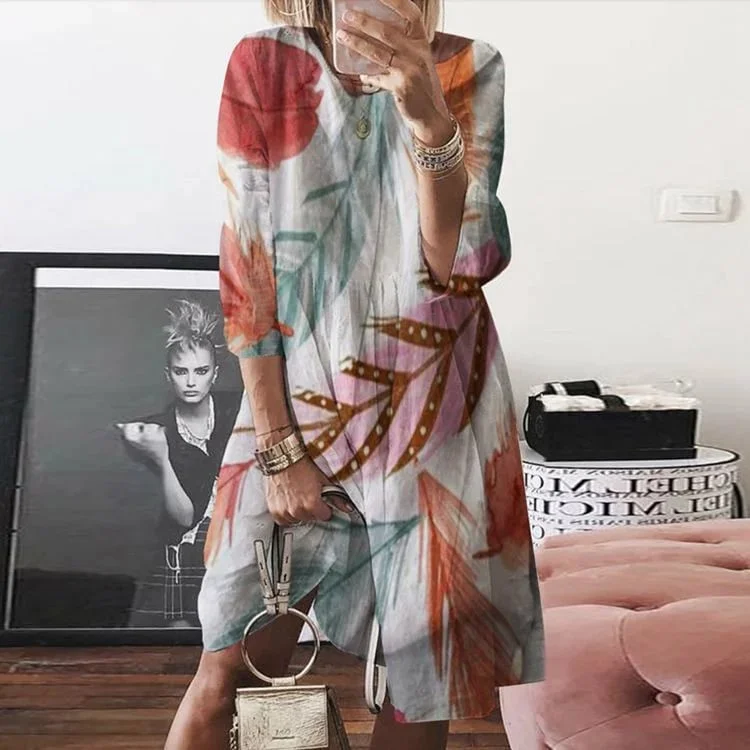 2024 new colorful leaves printed round neck dress