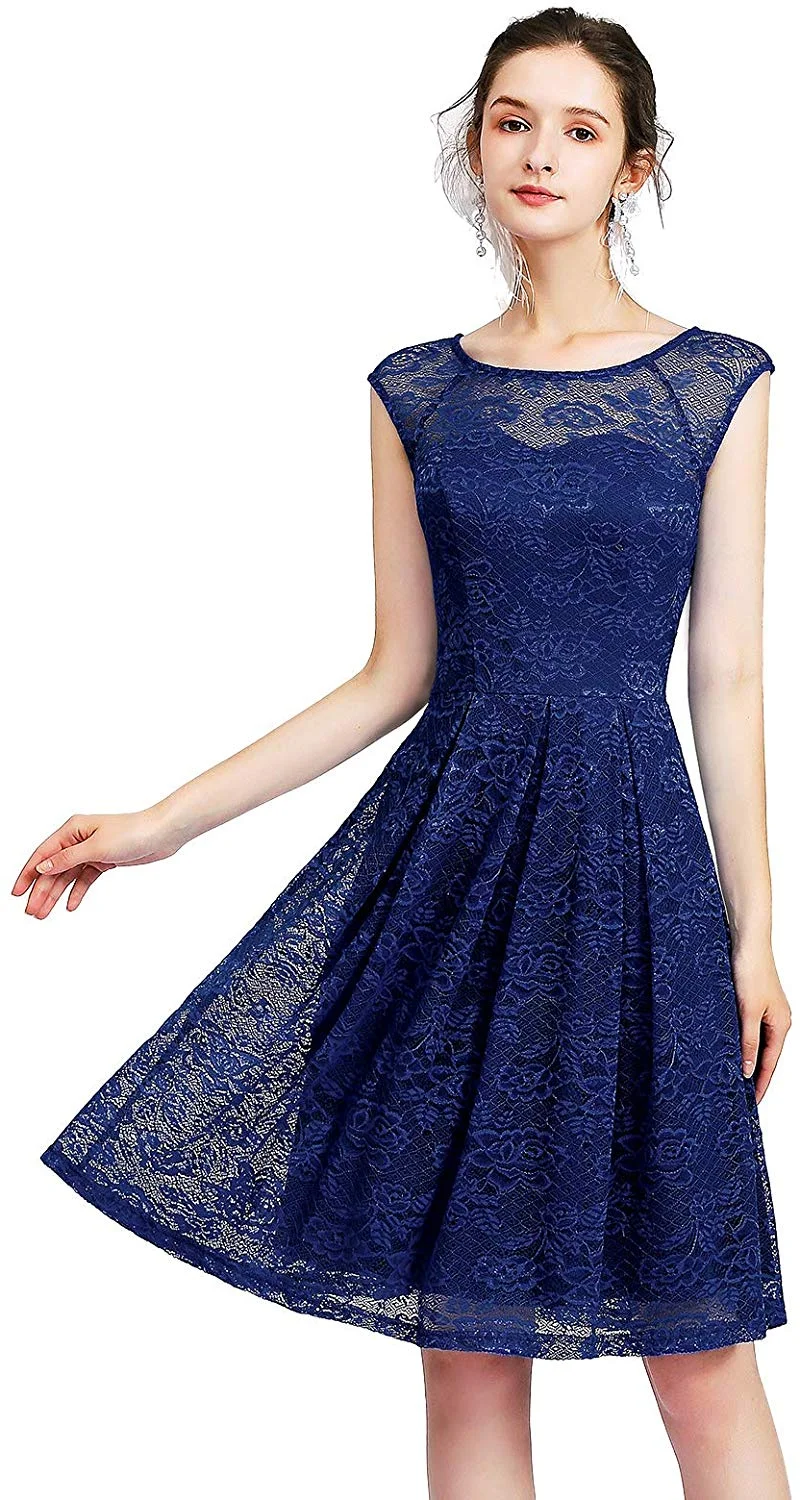 Vintage Floral Lace Sleeveless Bridesmaid Dress Formal Cocktail Party Swing Dress for women