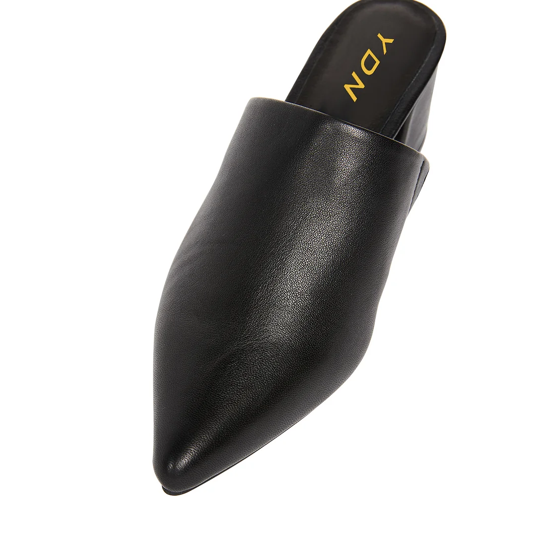Women's Black Vegan Leather Pointed Toe Classy Mules with Block Heels