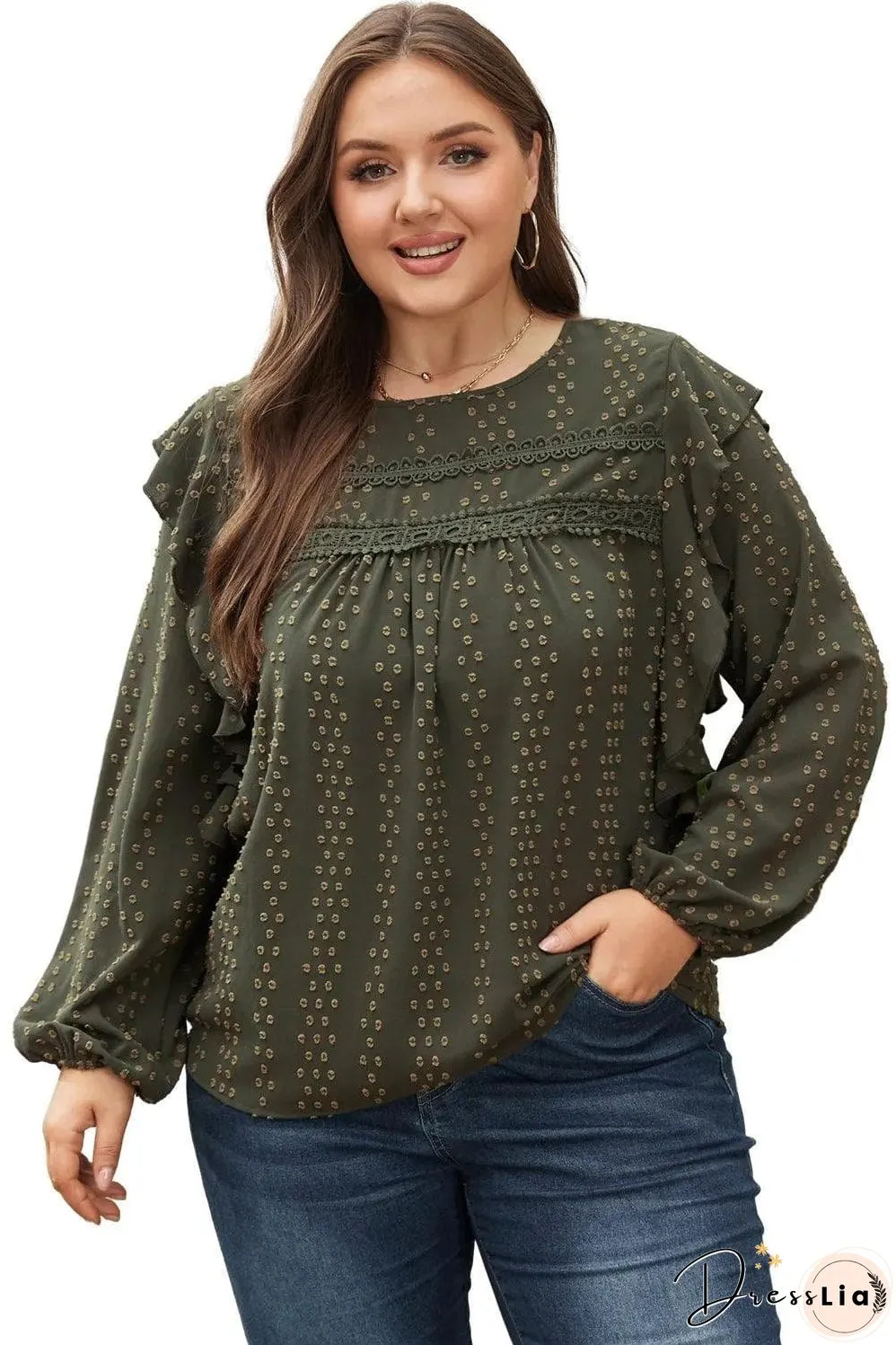 Mist Green Plus Lace Swiss Dot Ruffle Long Sleeve Top