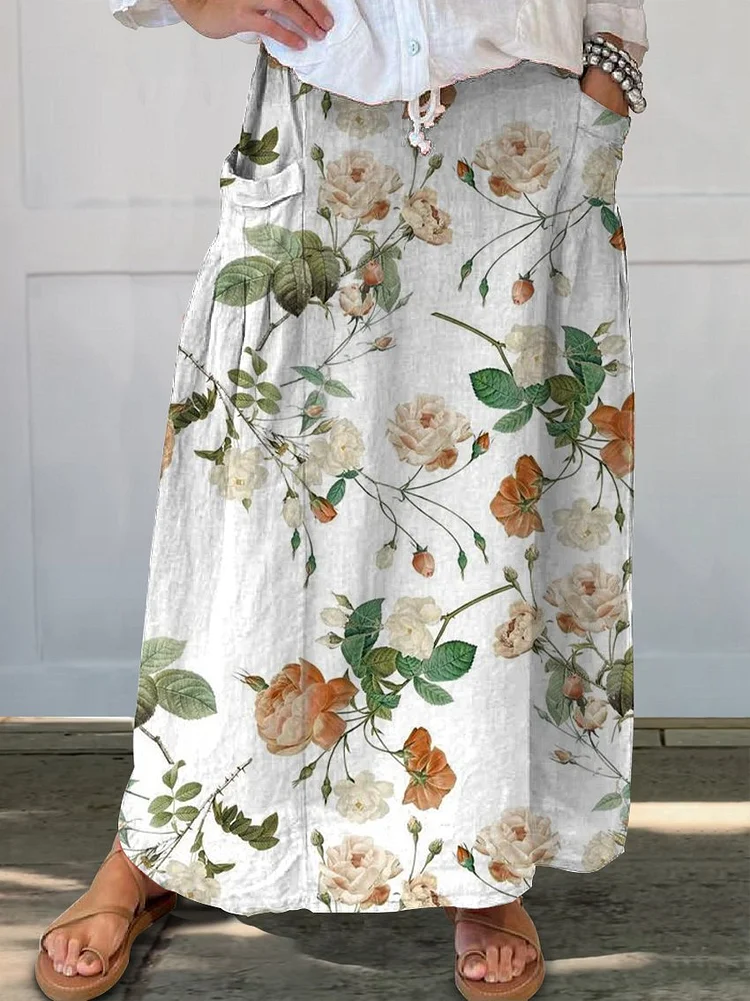 White Rose Print Women's Linen Pocket Skirt