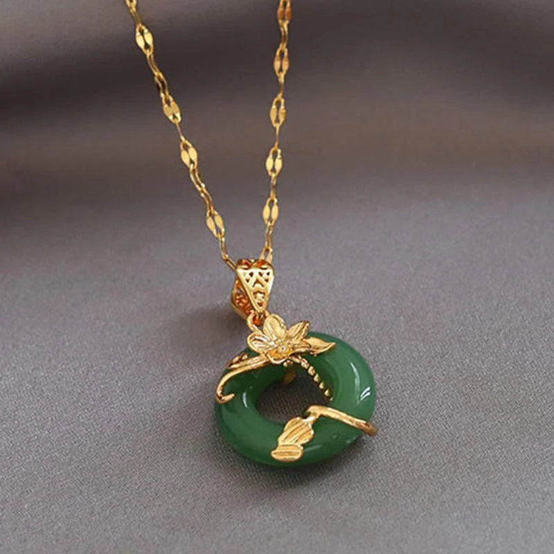 Lotus Pattern Jade Luck Necklace Chain Pendant