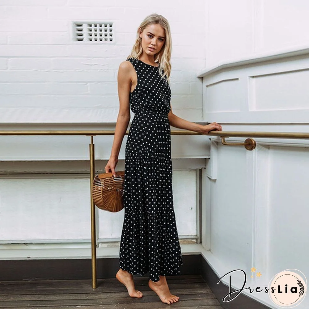 Holiday Summer Women Boho Sleeveless Maxi Polka Dot Dress Casual Beach Long Dress