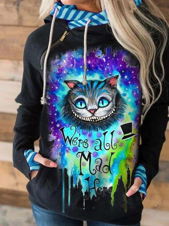 We're All Mad Here Print Hooded Hole Long Sleeve Striped Hat Cat Print Sweatshirt