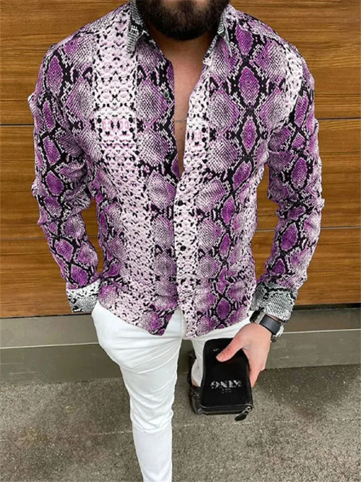 Men's Shirt Snakeskin Flip Long Sleeve Street Casual 3D Button Up Fashion Casual Beach Mens Shirt | 168DEAL