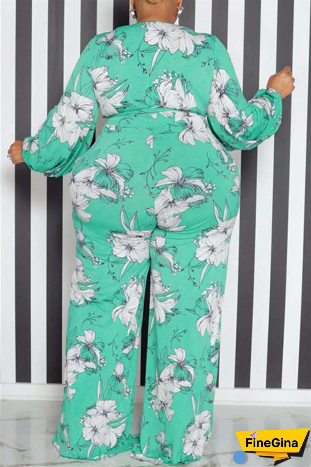 Yellow Casual Print Patchwork V Neck Plus Size Jumpsuits