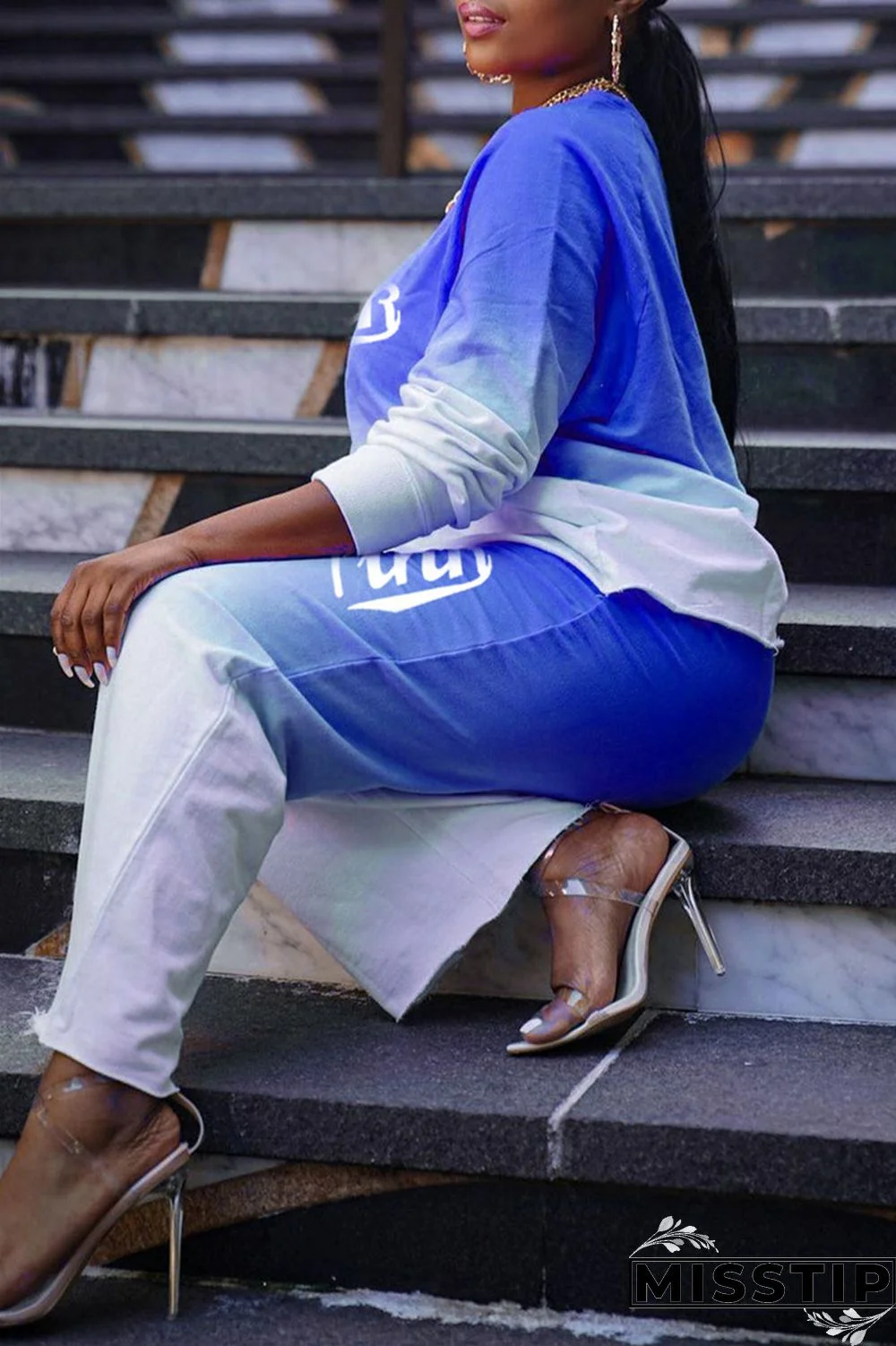 Blue Fashion Casual Gradual Change Letter Print Basic O Neck Long Sleeve Two Pieces