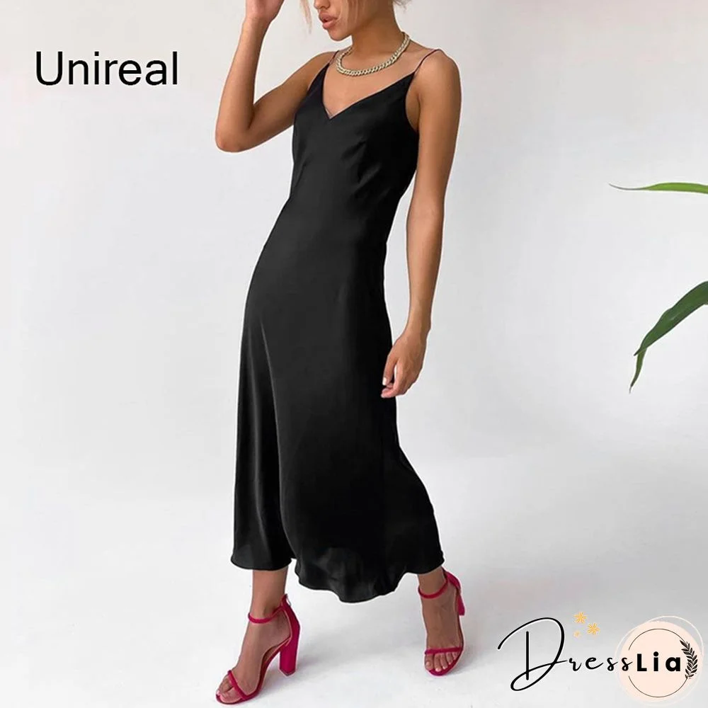 Unireal Summer Women Satin Slip Dress Spaghetti Strap Vintage Green Black Silk Sexy Long Party Dress