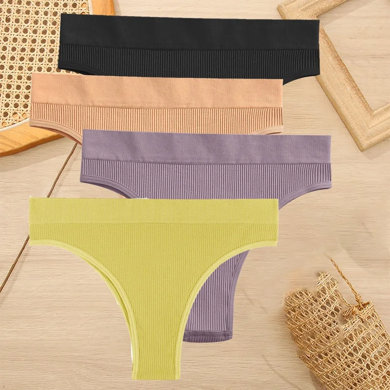 FINETOO 4PCS/Set Women Seamless Pantys Girls Thongs High Waisted Soft Woman Briefs 10 Solid Colors S-XL Sexy Underpant For Women