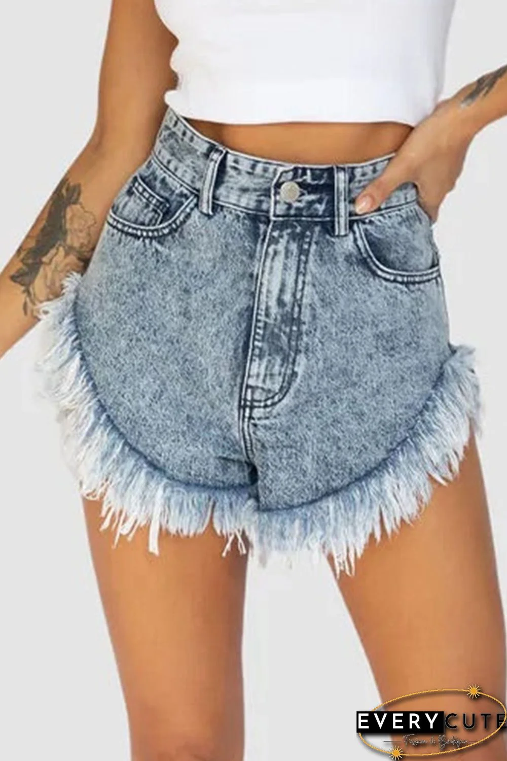Sky Blue Dark Acid Wash Raw Hem Jean Shorts