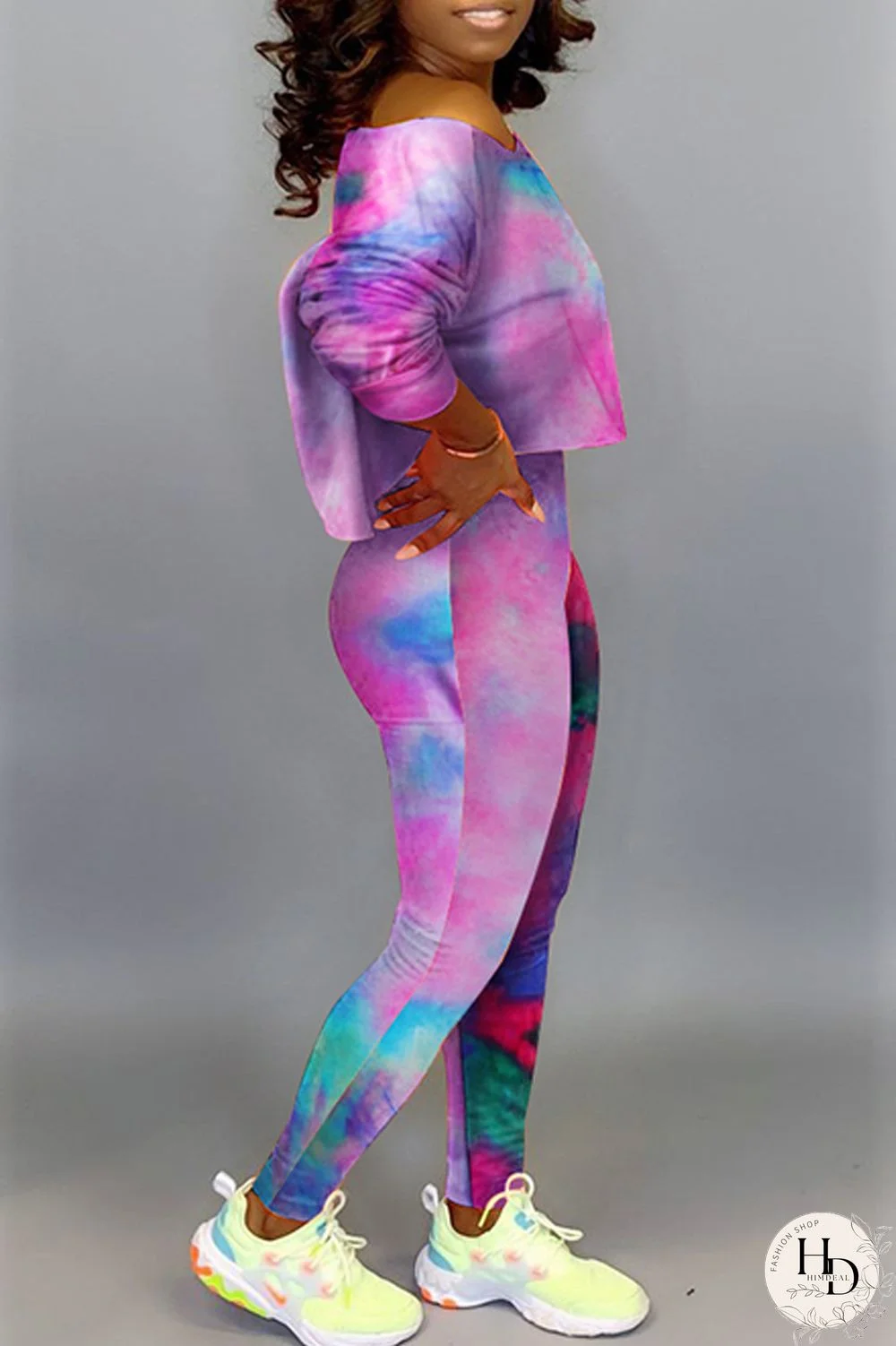 Green Fashion Casual Print Tie-dye Oblique Collar Long Sleeve Two Pieces