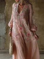 Boho Pink Roses Floral Embroidered Flowy Tiered Linen Maxi Dress