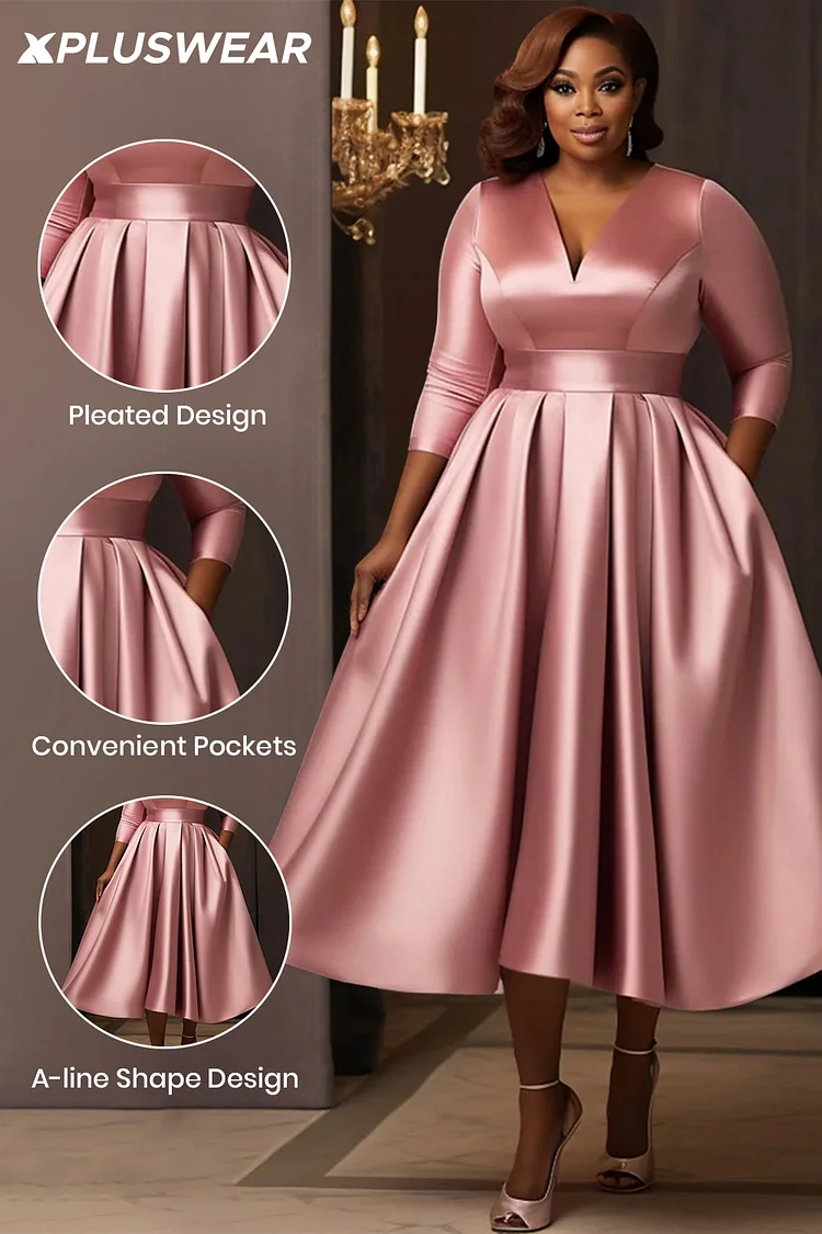 Xpluswear Design Plus Size Wedding Guest Pink V Neck 3/4 Sleeve Pocket Satin Midi Dresses [Pre-Order]