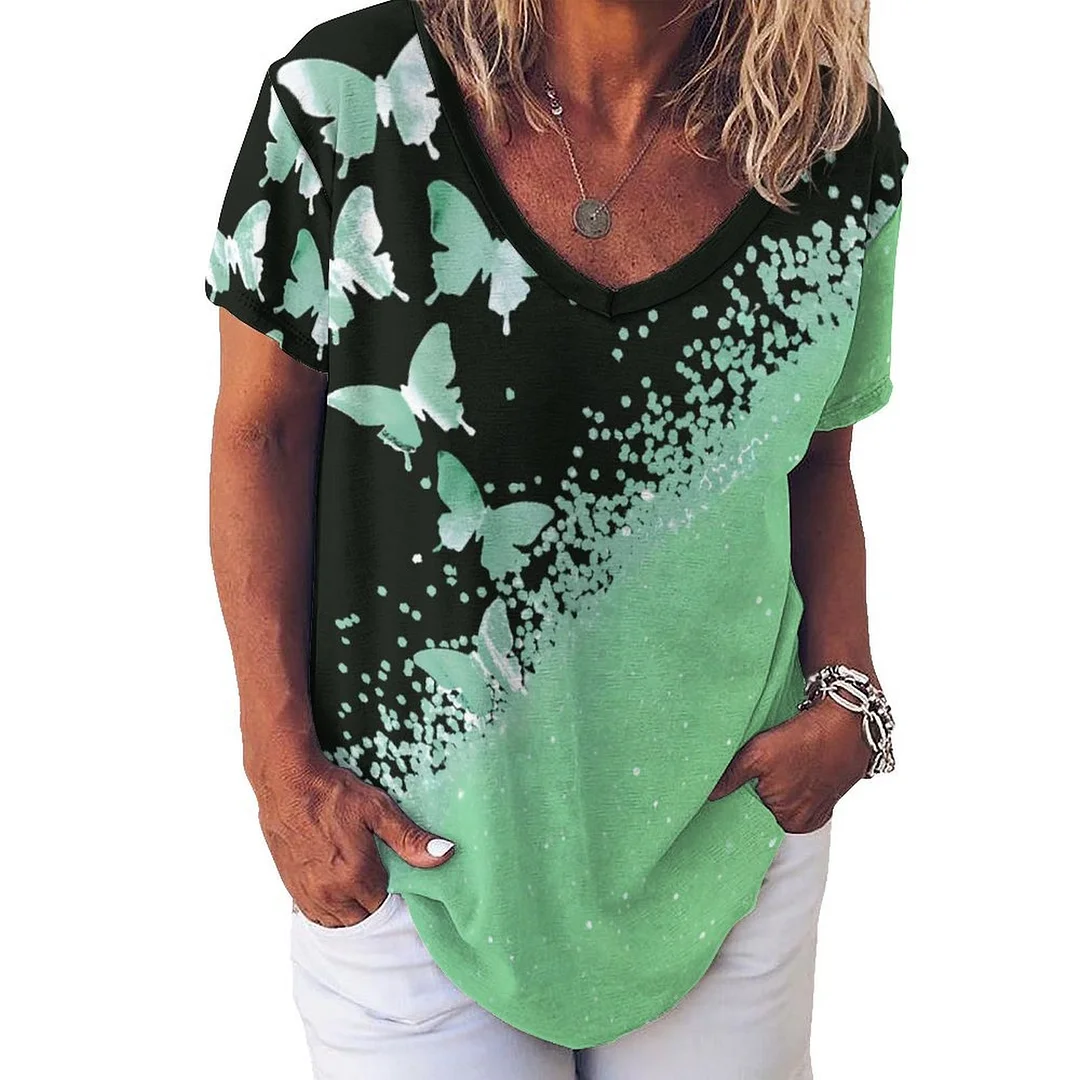 V-neck Short Sleeve Casual T-shirt for  Women Printed with Pattern Mint green, Butterfly, Glitter, Black