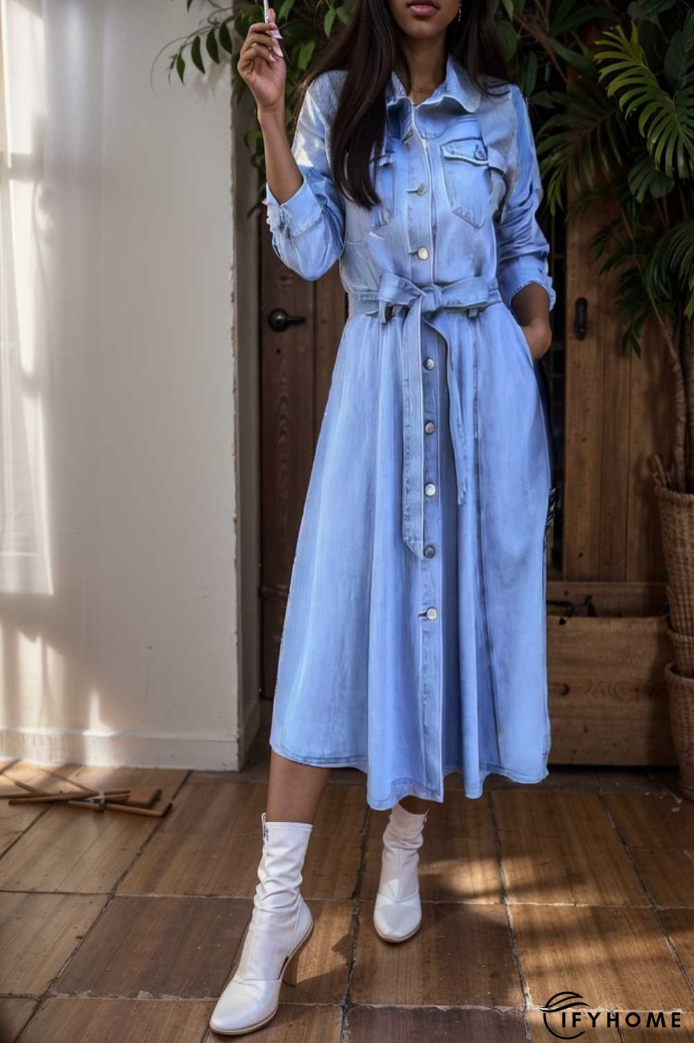 pocket lapel belted long sleeve denim dress | IFYHOME