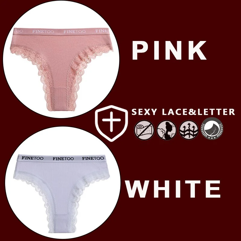 FINETOO 2PCS/Set Women's Cotton Panties Girls Letter Thongs Brazilian Pantys Sexy Lace Underwear For Woman Lingerie Bikini Panty