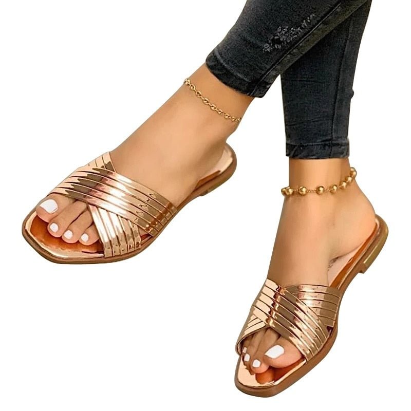 Ladies Slippers Beach Summer Shoes 2021 New Women Slip On Bling Gold Flat Slides Outdoor Shoes Female Casual Sandals Plus Size43