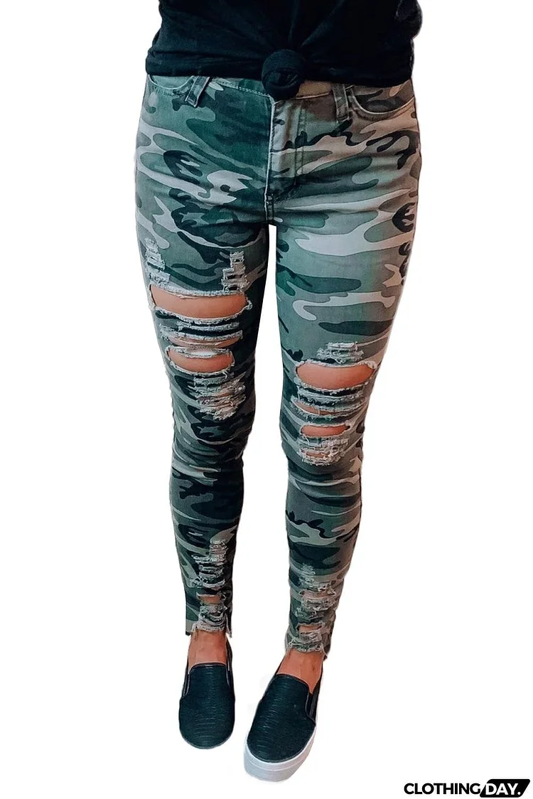 Camouflage Hollow out Skinny Jeans with Pocket