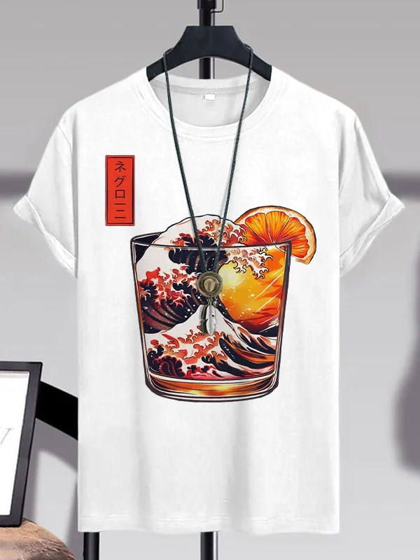 Men's The Great Negroni Wave Fun Cocktail Art Print Cotton Casual T-Shirt