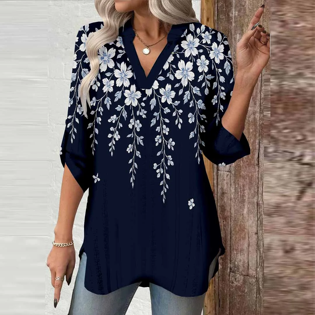 Women Floral, Black, White DZGA0138 3/4 Sleeve V-neck Printed Graphic Button Tops