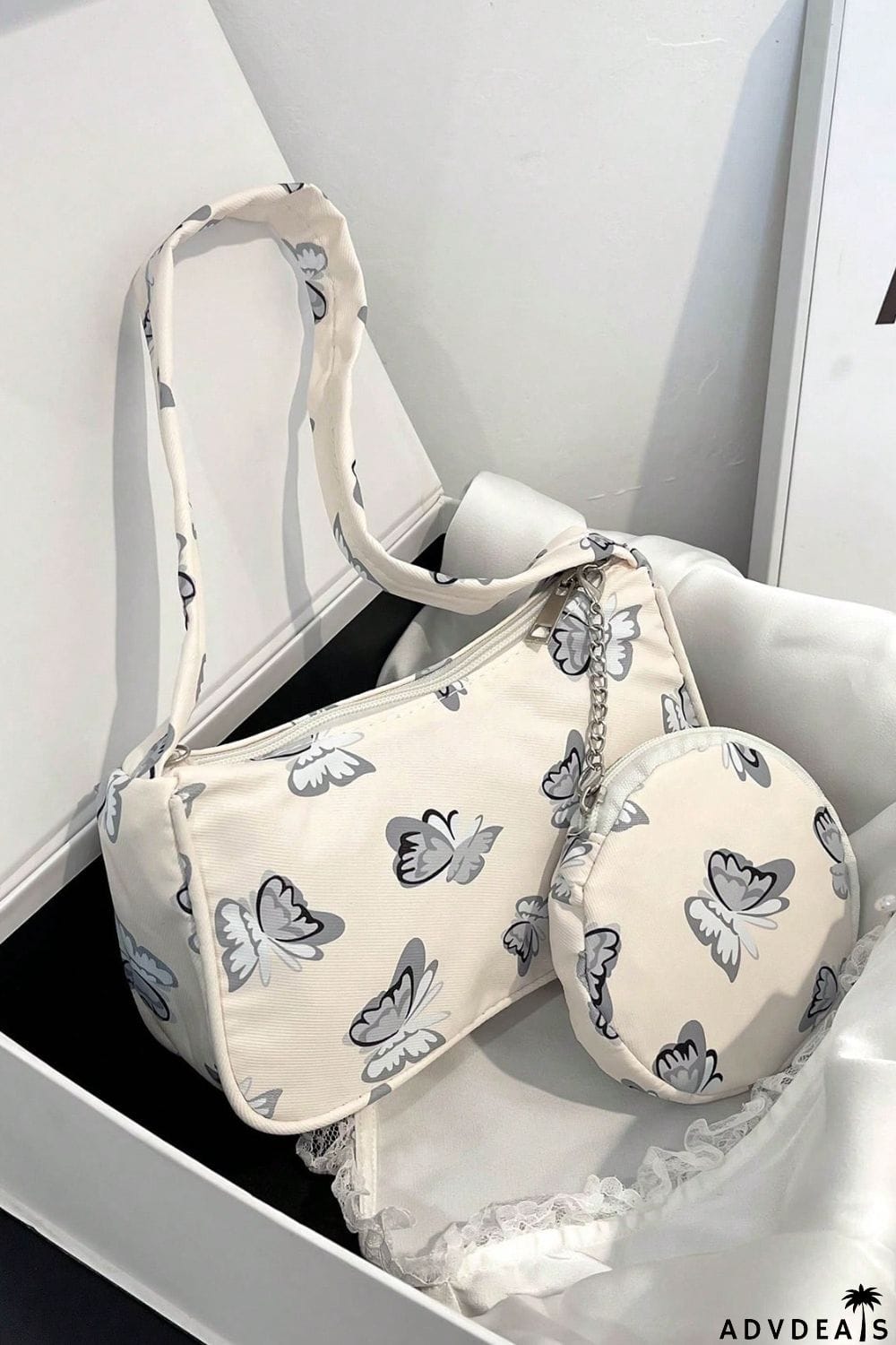 Butterfly Print Shoulder Bag with Purse