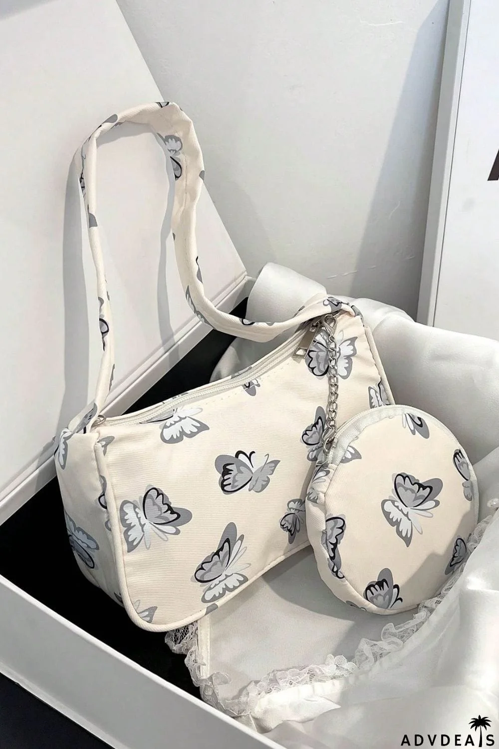 Butterfly Print Shoulder Bag with Purse