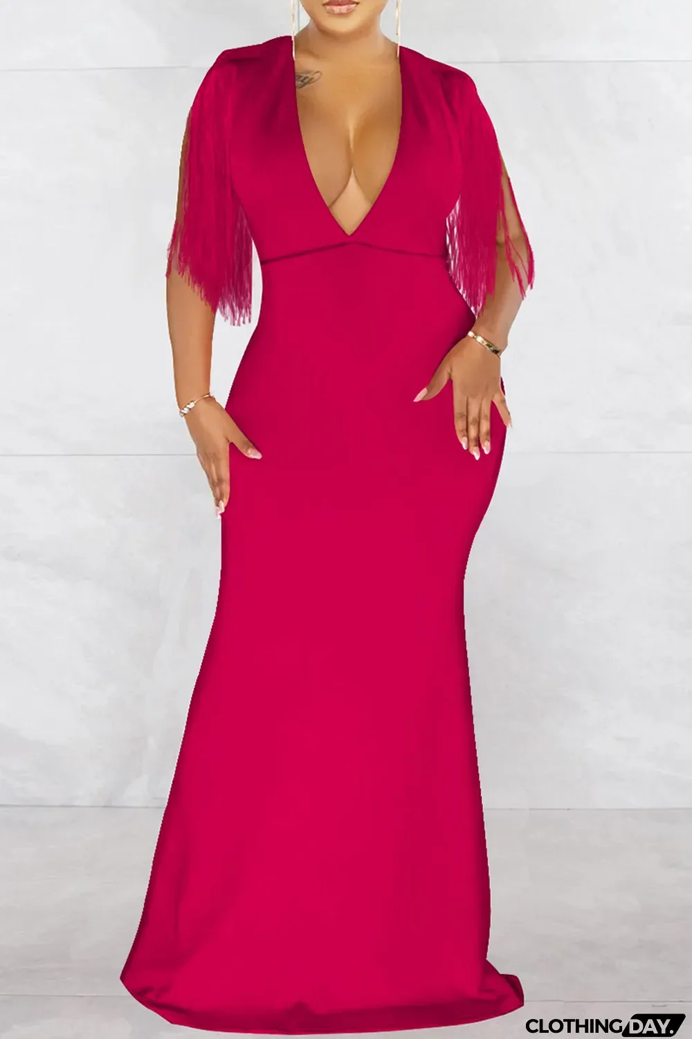 Black Fashion Sexy Solid Tassel Patchwork V Neck Long Dress