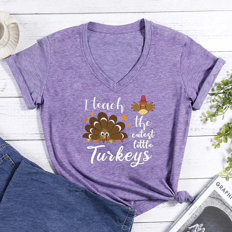 I Teach the cutest little Turkeys Teacher Thanksgiving V-neck T Shirt-Annaletters