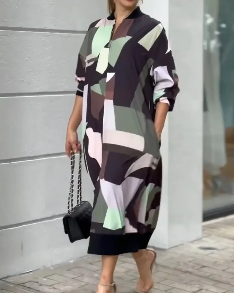 Color-block print casual dress with zipper