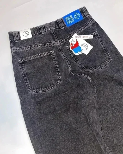 Standawon school outfits Hip Hop Polar Big Boy Jeans Y2K Pants Sweatpant Cartoon Retro Blue Baggy Jeans Embroidery Men Women Fashion Casual Wide Trouser
