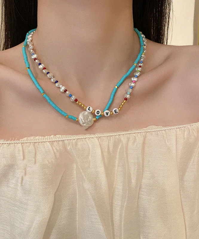 Elegant Blue Alloy Acrylic Pearl Bilayer Beading Gratuated Bead Necklace