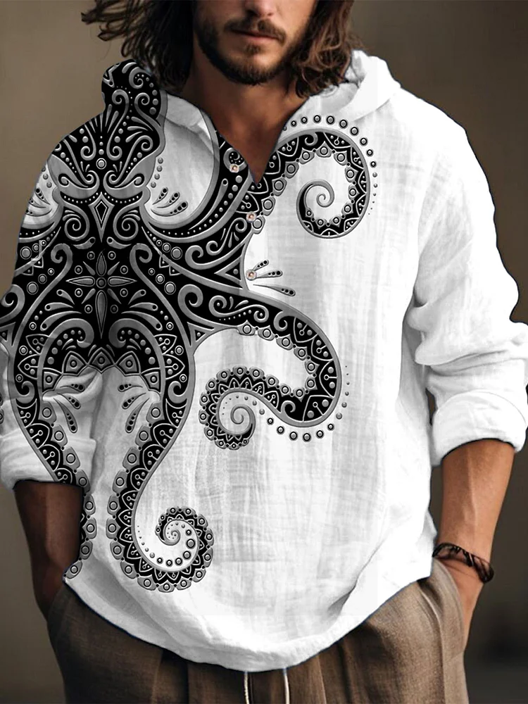 Black Retro Print Octopus Pattern Ocean Art Linen Hooded Long Sleeve Shirt