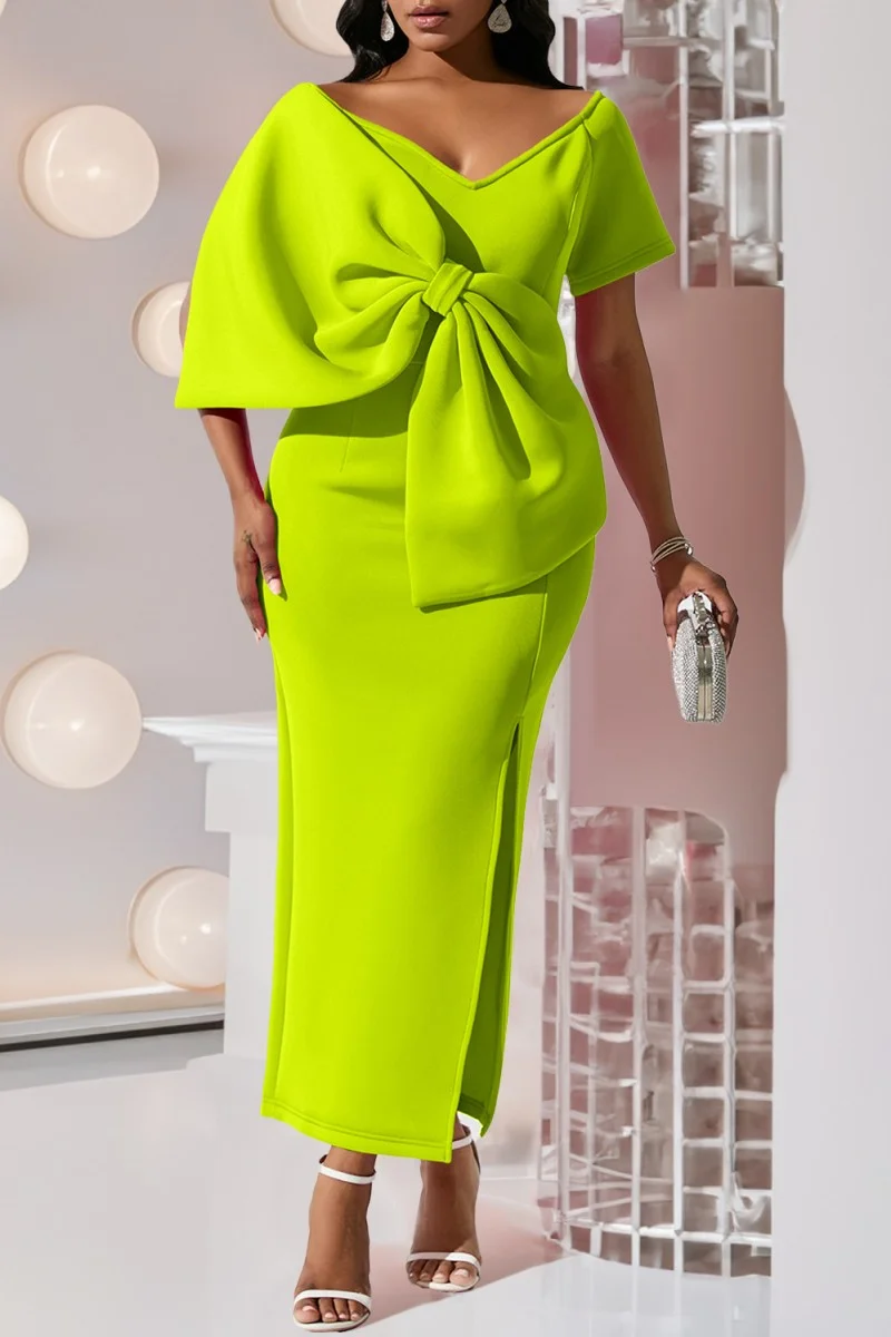 Fruit Green Casual Solid Patchwork Slit V Neck Evening Dress Dresses