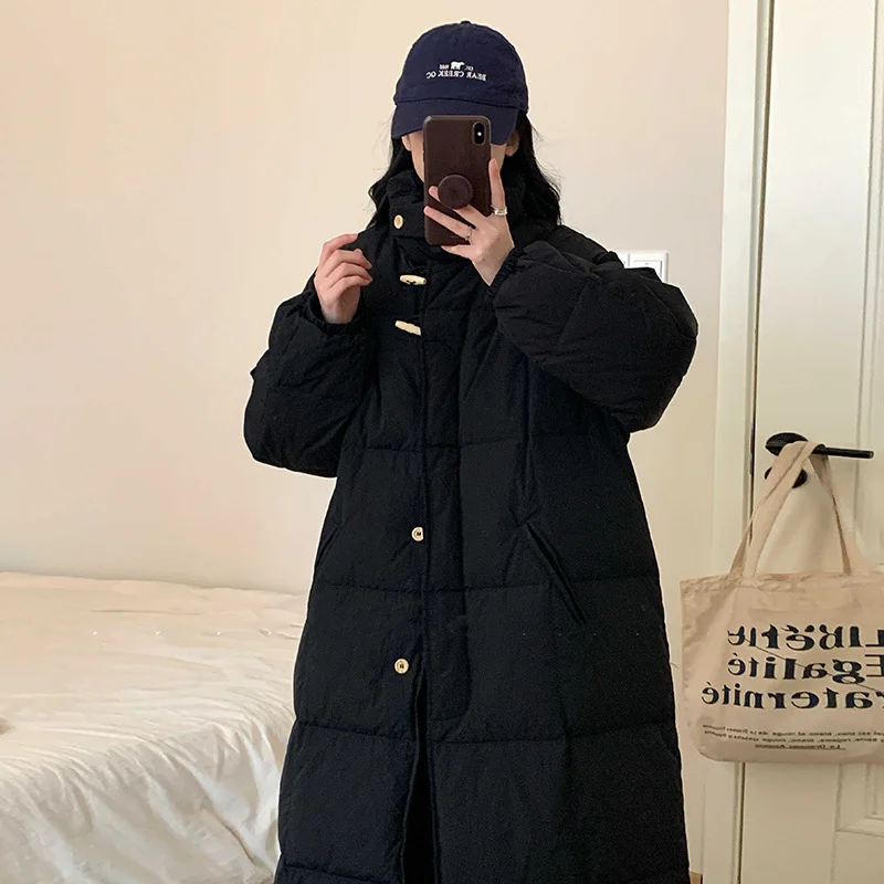 Woherb East Gate Korean Horn Buckle Long Down Jacket Female 2024 Winter Temperament Over The Knee And Thick White Duck Velvet Coat Tide-Outfit Ideas