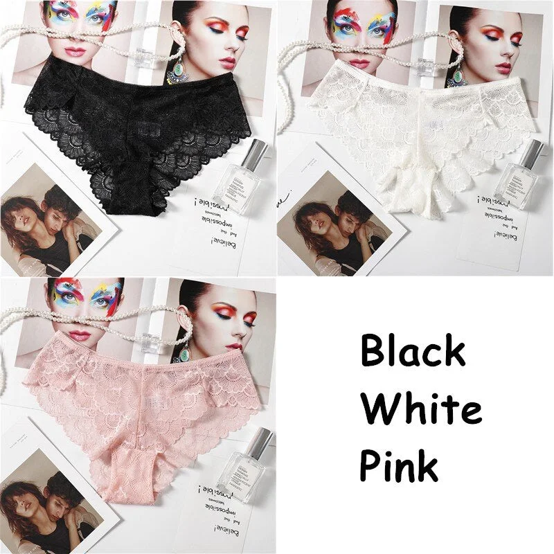 3PCS Sexy Lace Panties Solid Soft Breathable Briefs Seamless Women Underwear Ladies Panty Transparent Tempting Low-Rise Lingerie