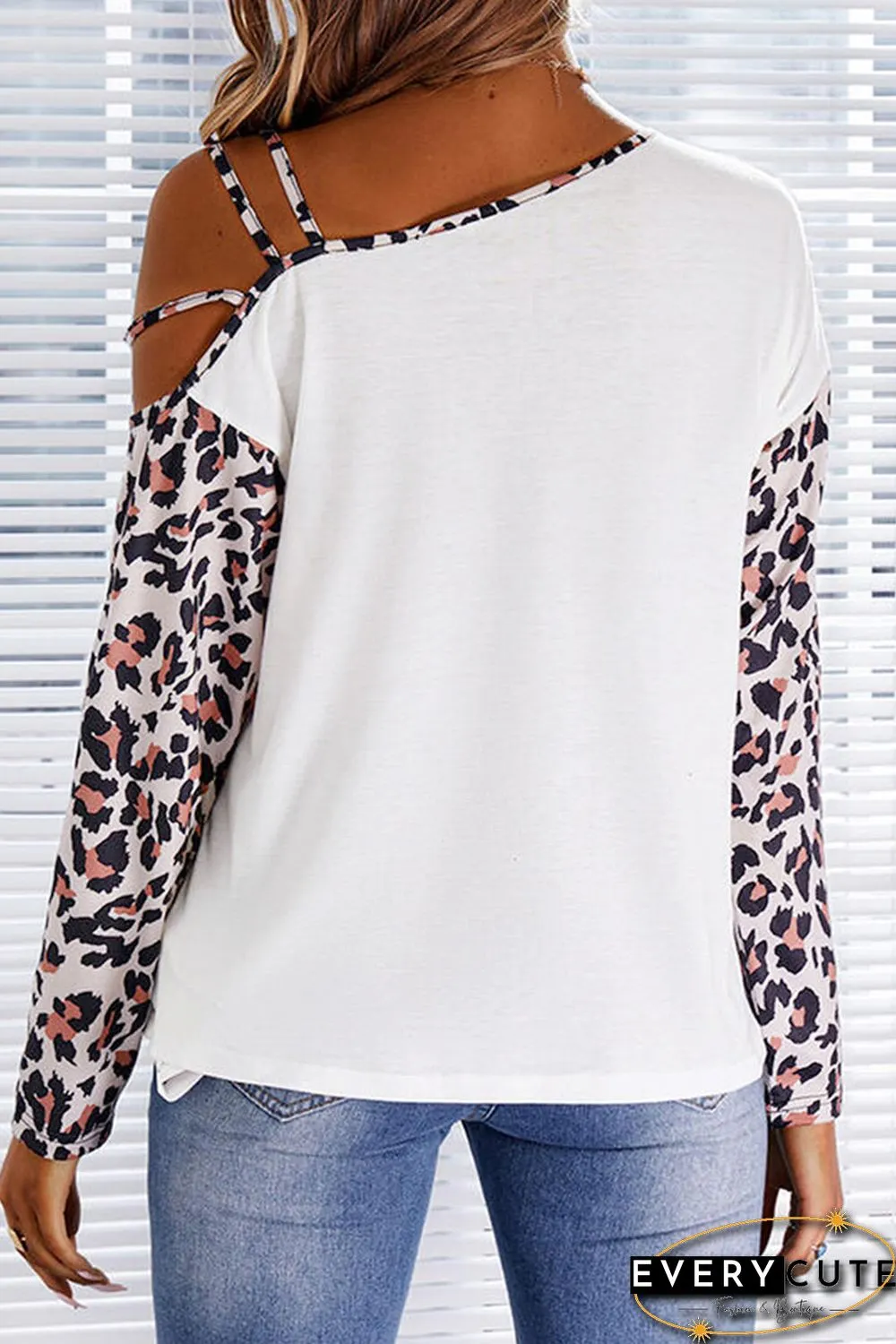 White Letter Coffee Cup Graphic Print Cut-out Leopard Long Sleeve Top