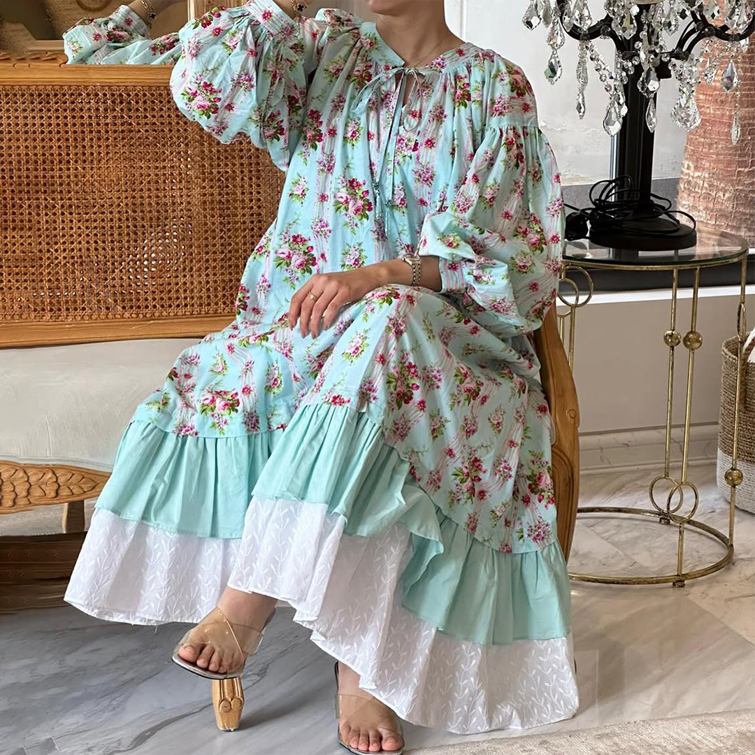 Womens Middle Eastern Vintage Floral Botanical Casual Jalabiya