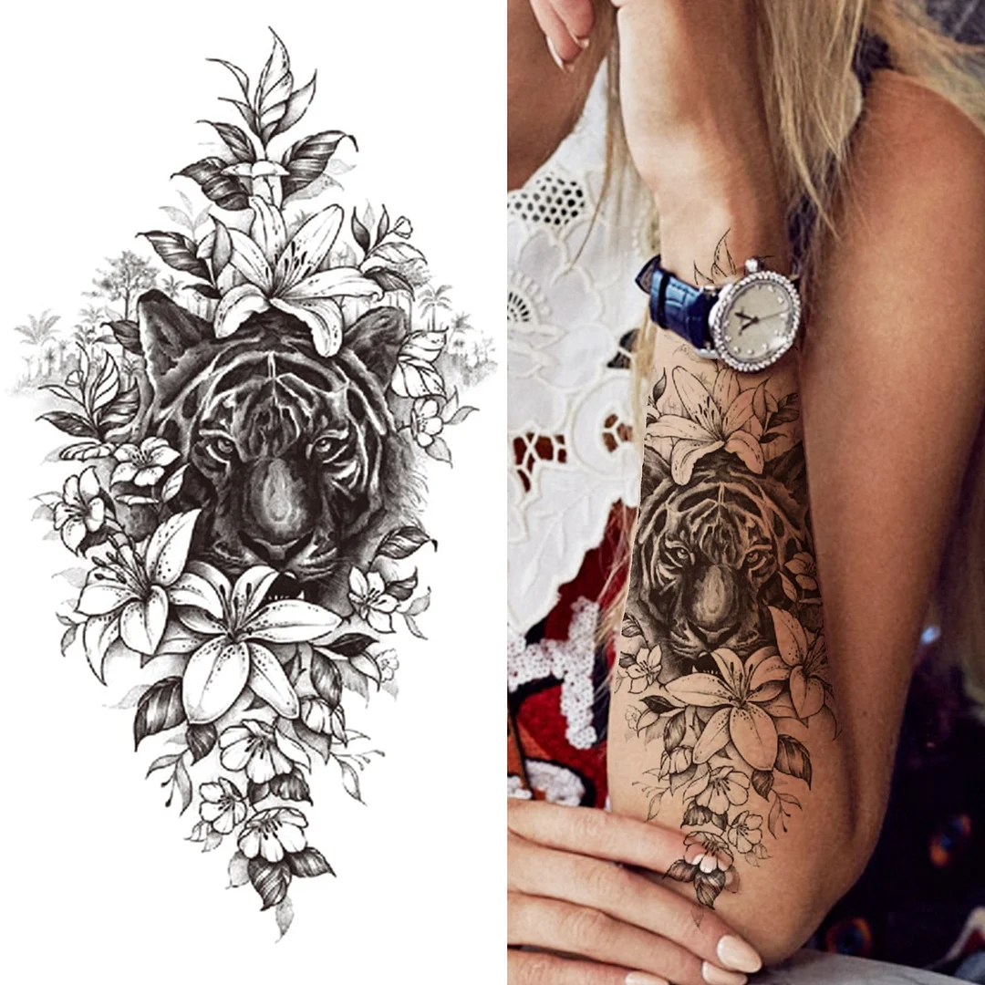 Black Forest Tattoo Sticker For Men Women Children Tiger Wolf Death Skull Temporary Tattoo Fake Henna Skeleton King Animal Tatoo 515