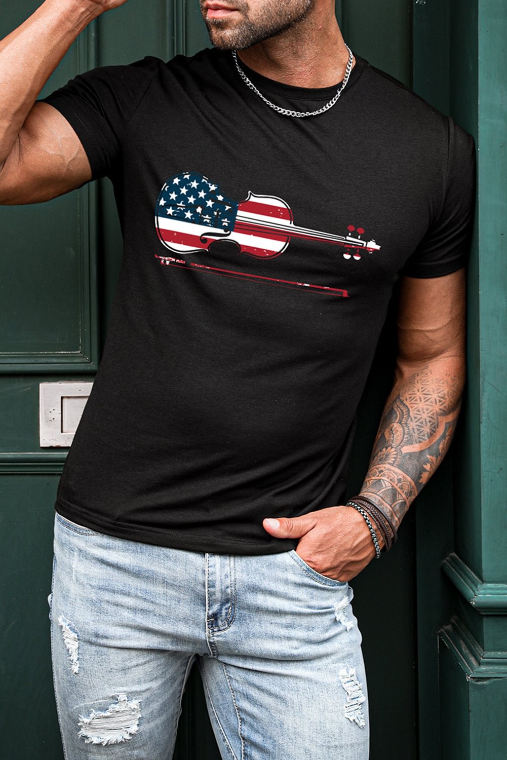 American Flag Guitar Print Short Sleeve Men's Patriotic T-shirt