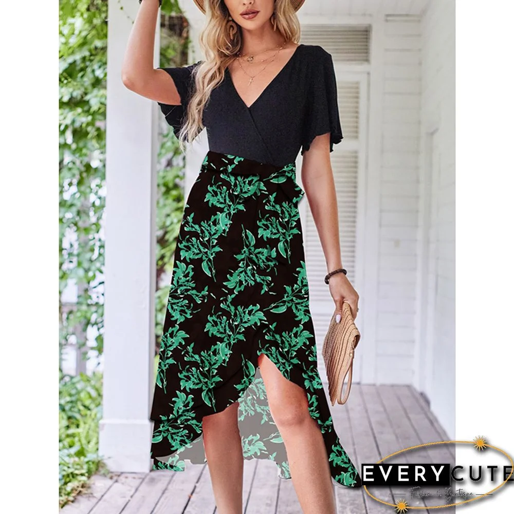Dark Green Floral Print Splicing V Neck Dress with Slit