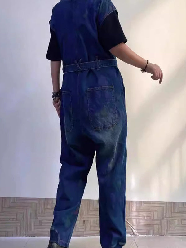 Women's Printed Gradient Casual Retro Wide-leg Workwear Denim Overalls Jumpsuit