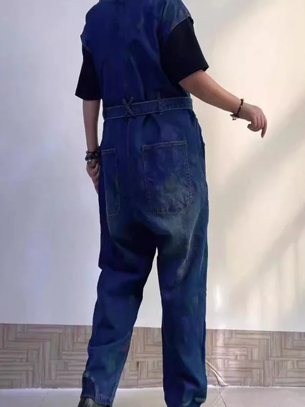 Women's Printed Gradient Casual Retro Wide-leg Workwear Denim Overalls Jumpsuit