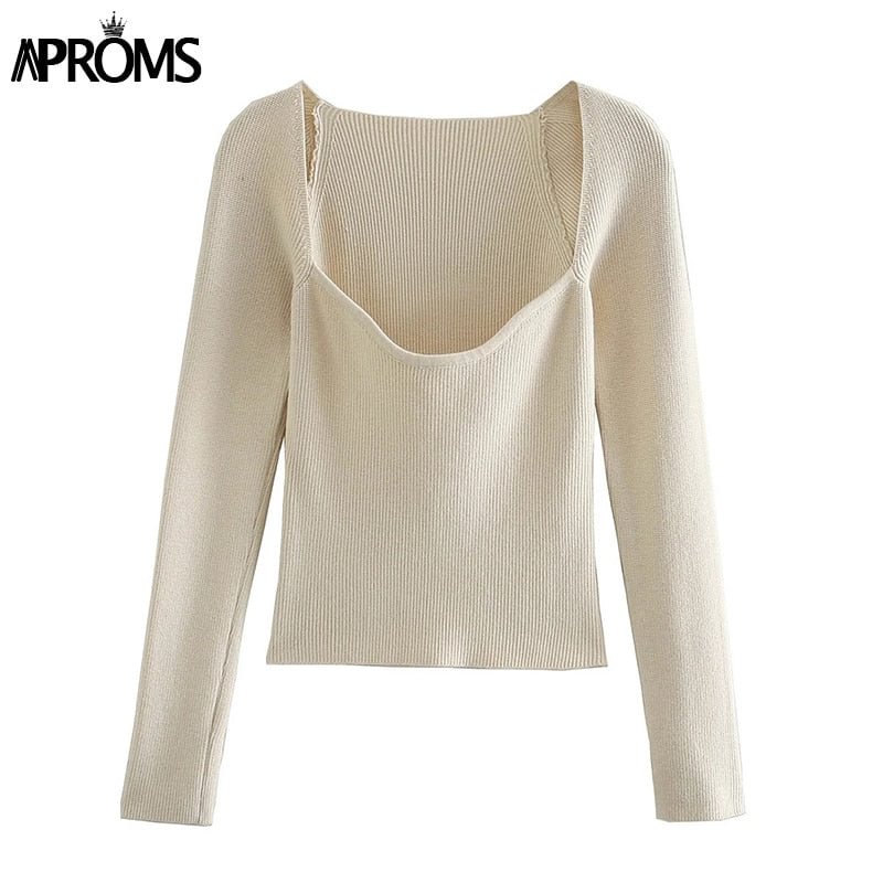 Aproms Vintage Square Neck Pullovers and Sweaters Women 2022 Autumn Winter Street Fashion Stretch Jumpers Long Sleeve Basic Tops