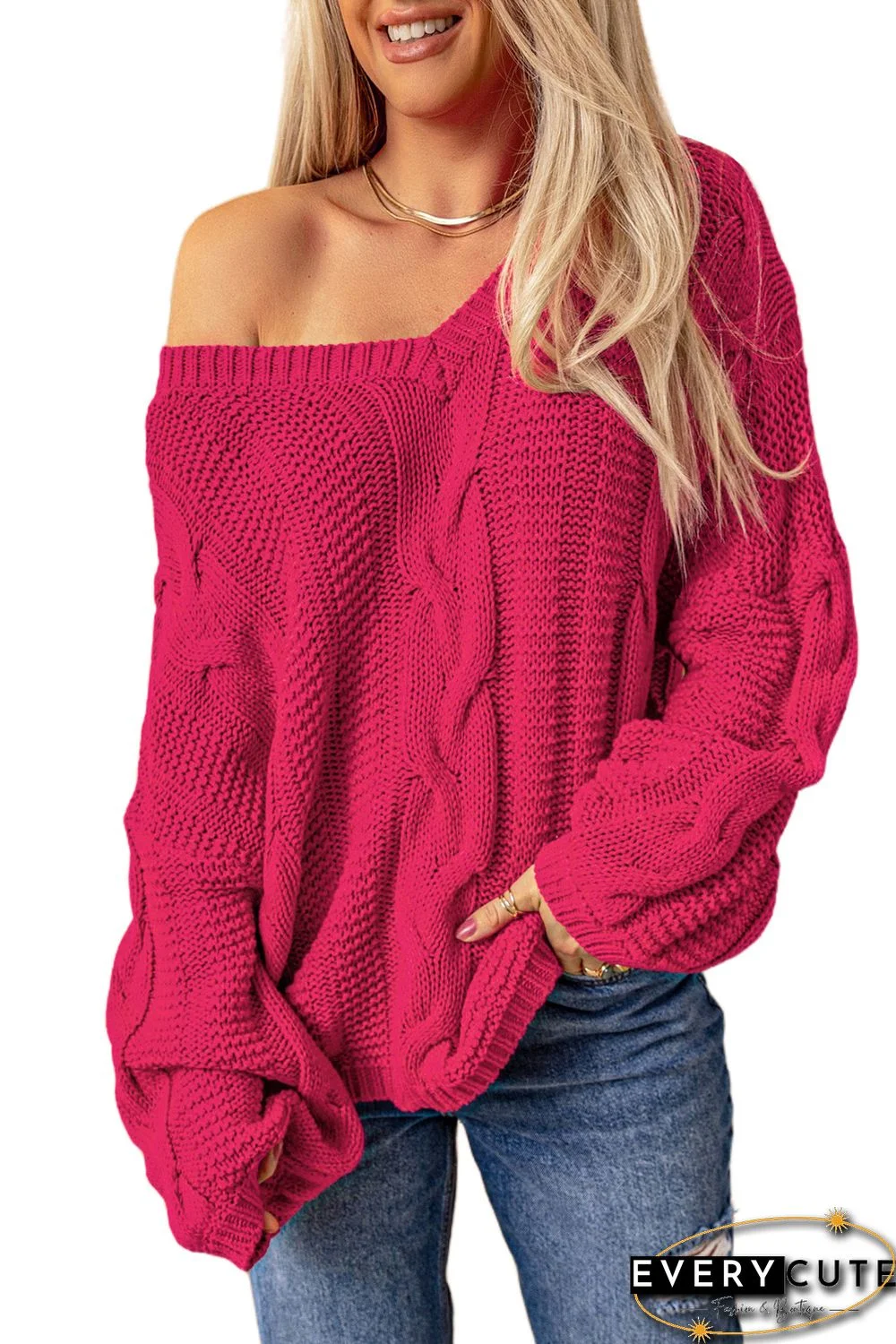 Rose Bubblegum V-Neck Braided Knit Sweater