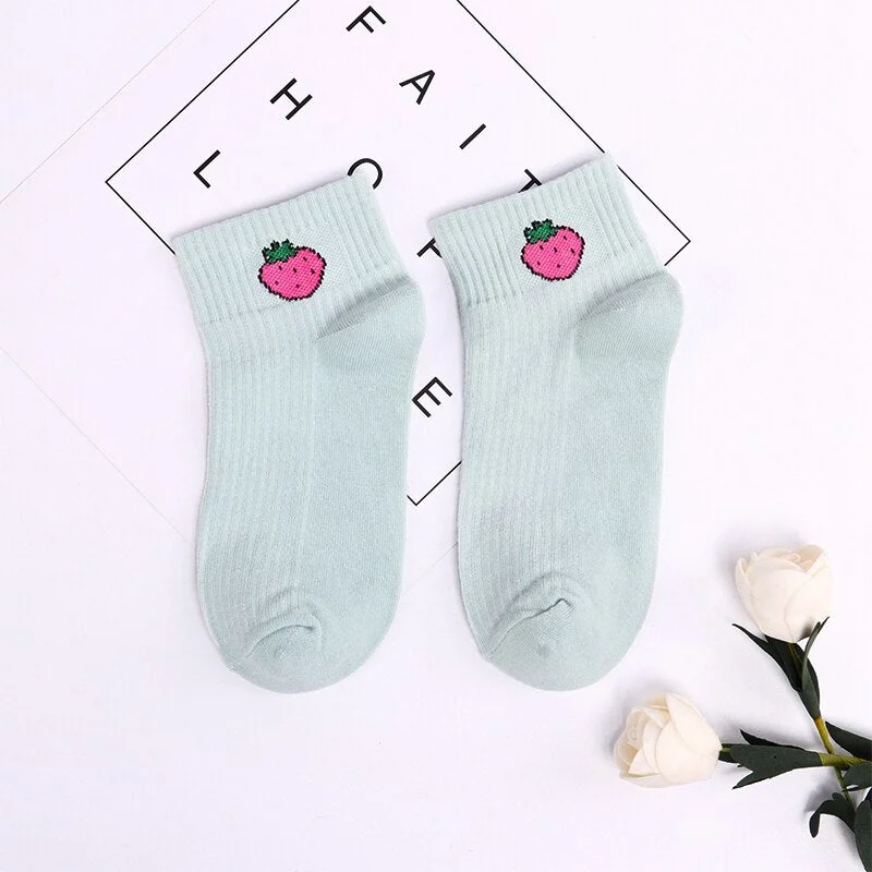 Women Solid Avocado Socks Casual Joker Cotton Short Socks Ladies Fruit Print Concise Korean College Style Breathable Sox Trendy